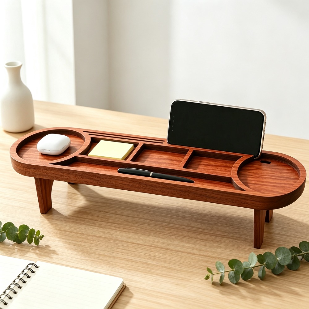 Tech Accessories For Office Desk - Houten bureau-organizer met telefoonstandaard Multifunctioneel bureau-opbergrek